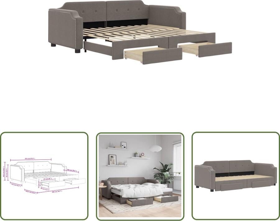 The Living Store Slaapbank met onderschuifbed en lades 100x200 cm stof taupe Slaapbank Sofa Bed Tweepersoonsbed Onderbed Opslagbanken