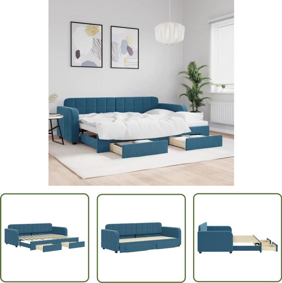 VidaXL Slaapbank met onderschuifbed 80x200 cm Blauw Slaapbank Tweepersoonsbed Boxspring Lounge Sofa Multifunctionele Meubels Opbergmeubel Blauwe Meubels Fluweel Meubel Design Slaapkamer Compact Bed Guest Bed