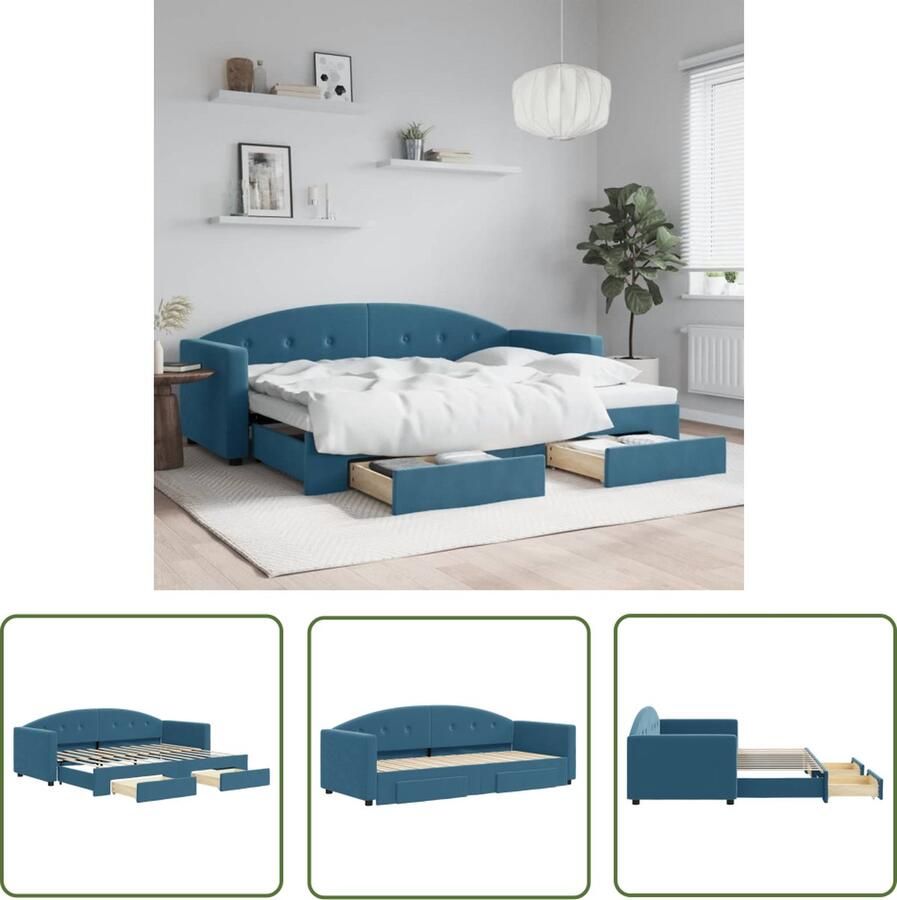 The Living Store Slaapbank met onderschuifbed en lades 80x200 cm fluweel blauw Slaapbank Sofa Bed Tweepersoonsbed Onder Schuifbed Opbergladekast