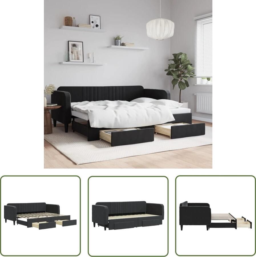 The Living Store Slaapbank met onderschuifbed en lades 80x200 cm fluweel zwart Slaapbank Sofa Bed Tweepersoonsbed Fluweelsofa Zwarte Slaapbank