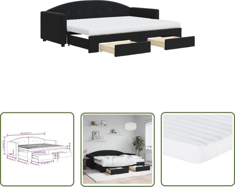 The Living Store Slaapbank Onderschuifbed Fluweel Zwart 222x90x75 cm Schuimmatras 2 lades Slaapbank Sofa Bed Tweepersoonsbed Onderbed Fluweelsofa