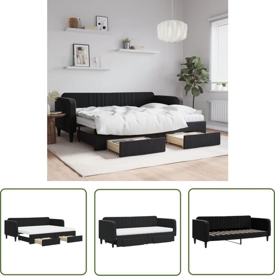 The Living Store Slaapbank met onderschuifbed Fluweel Zwart 223x90x75cm 2-in-1 2 lades Schuimmatras Slaapbank Sofa Bed Zweefstoel Lounge Stoel Design Meubels