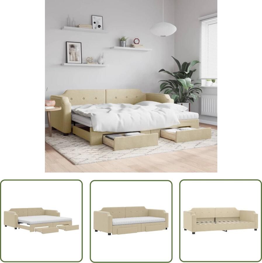 The Living Store Slaapbank met Onderschuifbed Crème 223x90x66.5 cm Schuimmatras Lades Hout en Metaal Slaapbank Sofa Bed Tweepersoons Bed Crème Kleurstelling Onderbed