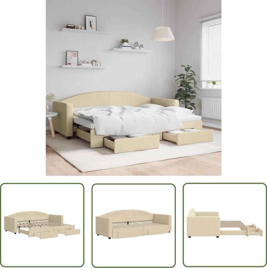 The Living Store Slaapbank met onderschuifbed 223x90x75 cm Crème Duurzame stof 2 lades Geen matrassen Montage vereist Slaapbank Sofa Bed Tweepersoonsbed Onderbed Opslagbanken