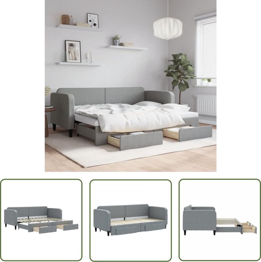 The Living Store Slaapbank met onderschuifbed en lades 80x200 cm stof lichtgrijs Slaapbank Sofa Bed Kanapé Convertible 2 Persoons Bed Boxspring