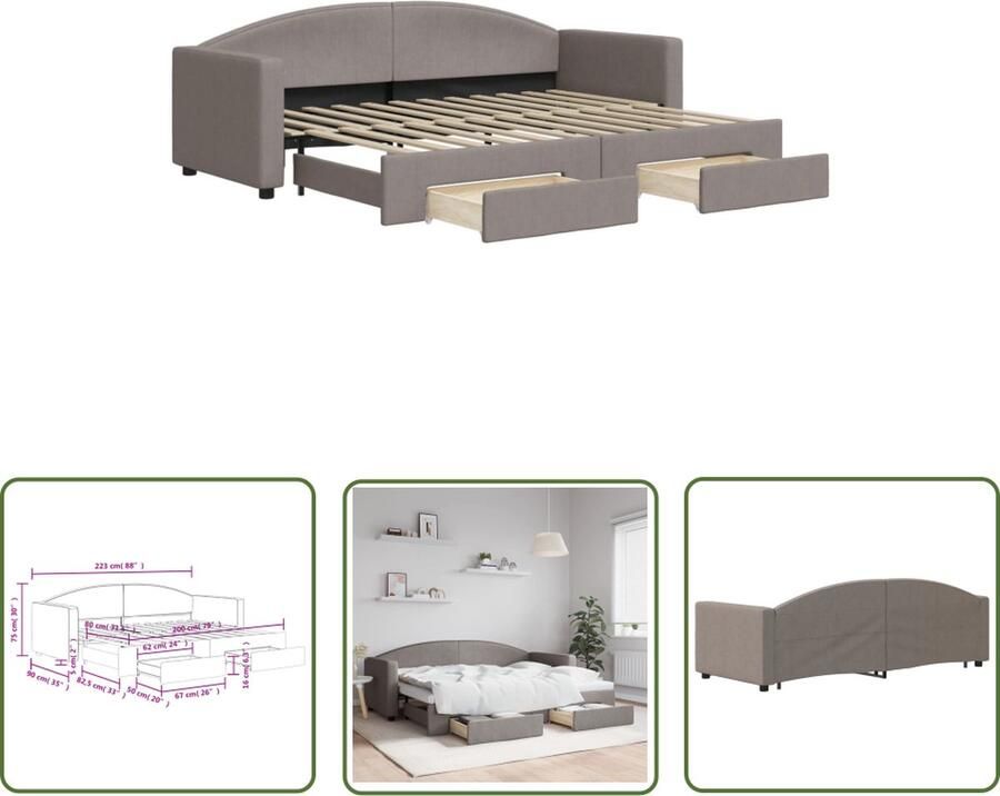 The Living Store Slaapbank met onderschuifbed en lades 80x200 cm stof taupe Slaapbank Sofa Bed Tweepersoonsbed Opvouwbare Bed Onderbed