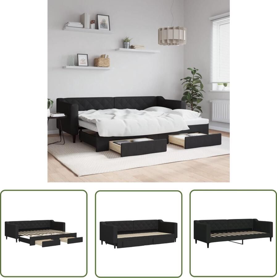 The Living Store Slaapbank Onderschuifbed 223x90x67cm Zwart stof Inclusief 2 bedlades Slaapbank Sofa Bed Tweepersoonsbed Onder Schuifbed Boxspring