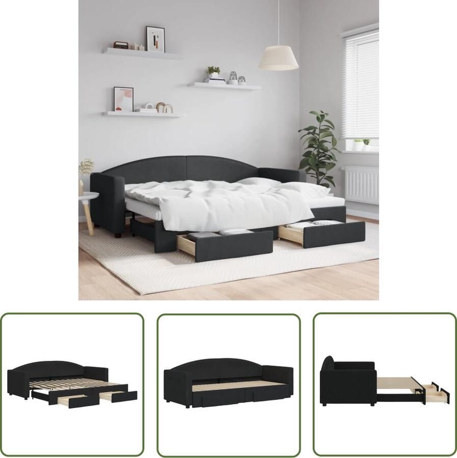 The Living Store Slaapbank Onderschuifbed 223x90x75 cm Zwart stof metaal hout Slaapbank Sofa Bed Tweepersoonsbed Onderschuifbed Boxspring