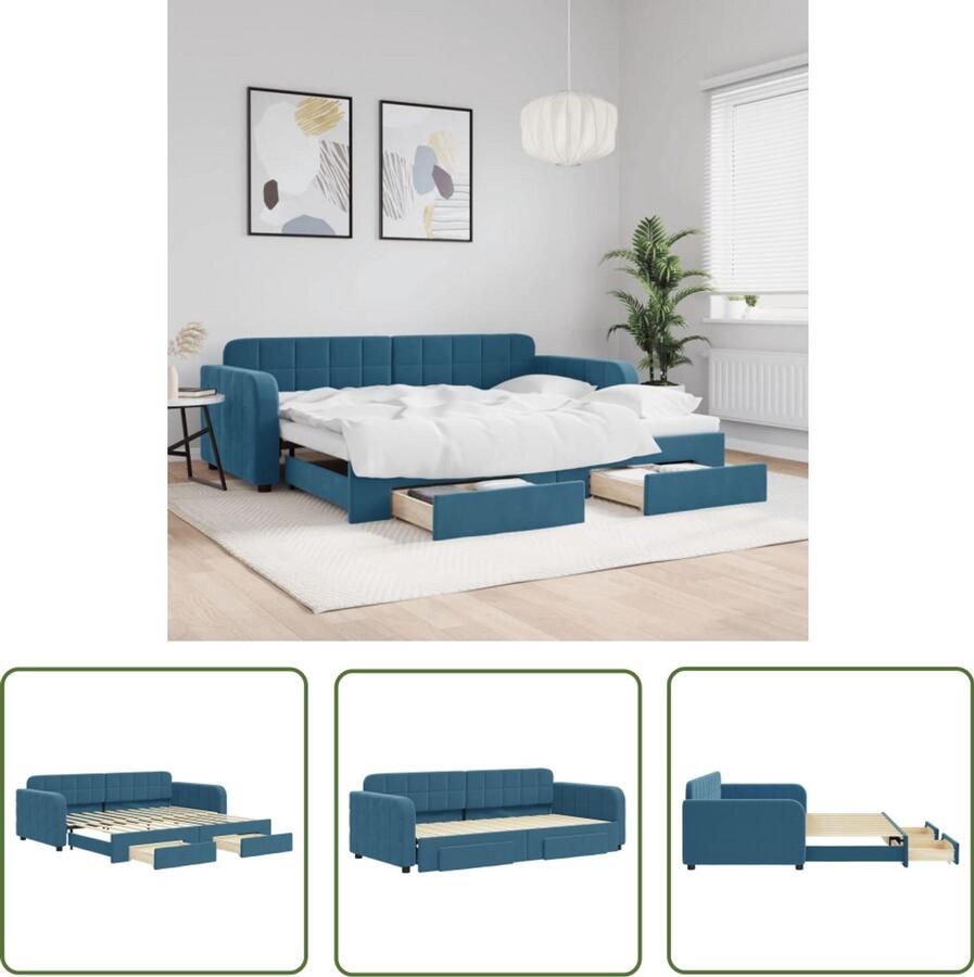 The Living Store Slaapbank met onderschuifbed en lades 90x200 cm fluweel blauw Slaapbank Sofa Bed Onderschuifbed Boxspring Meubels