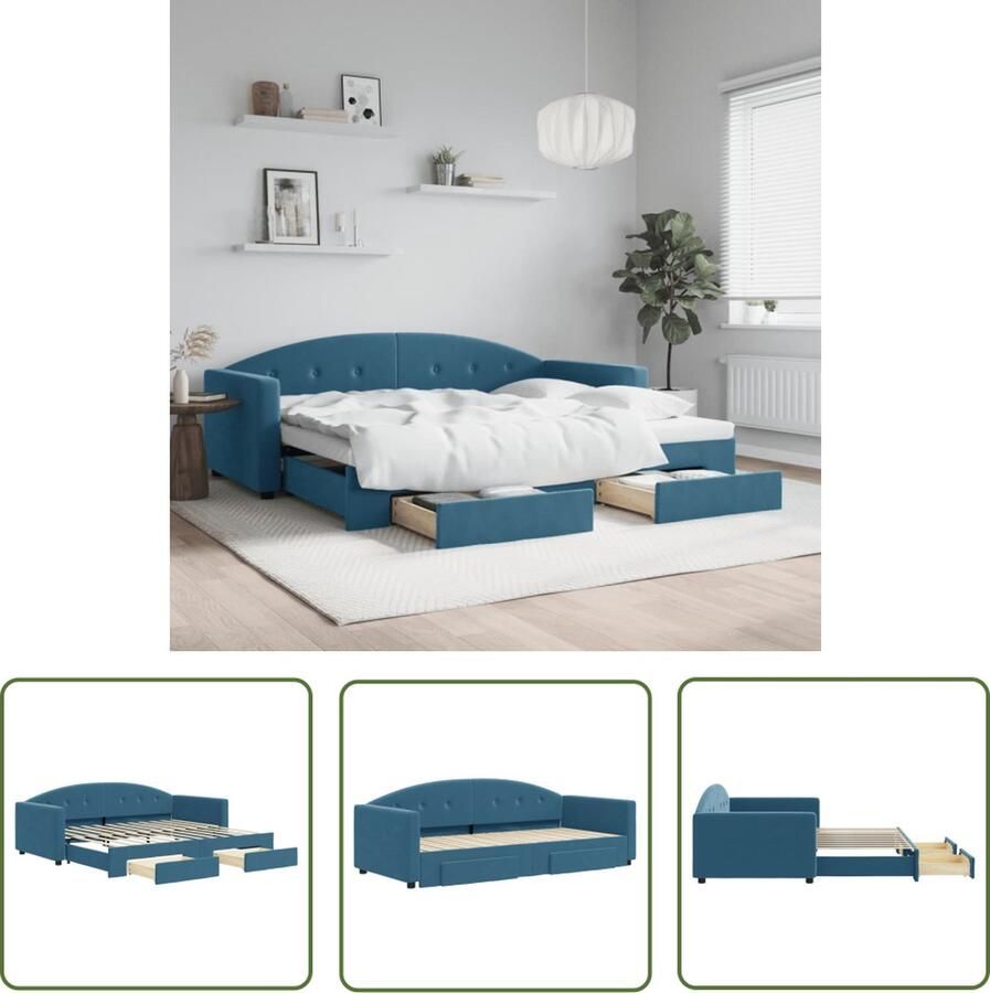 The Living Store Slaapbank Onderschuifbed Blauw 222x192.5x75 cm 2-in-1 met Opberglades Fluwelen Bekleding Slaapbank Sofa Bed Tweepersoonsbed Onder Schuifbed Boxspring