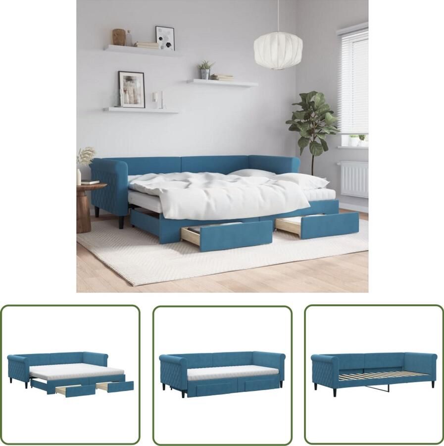 The Living Store Slaapbank met onderschuifbed en lades 90x200 cm fluweel blauw Slaapbank Sofa Bed Tweepersoonsbed Opbergruimte Boxspring