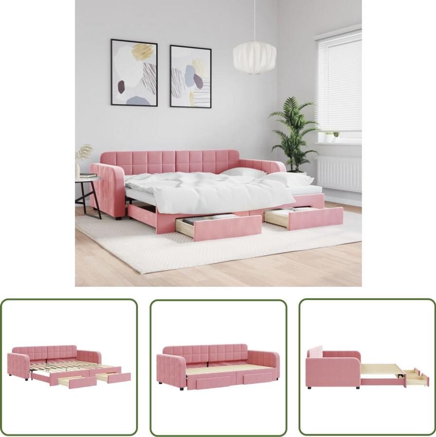 VidaXL Slaapbank met onderschuifbed en lades 90x200 cm fluweel roze Slaapbank Sofa Bed Tweepersoonsbed Fluweel Bank Rozerode Bank