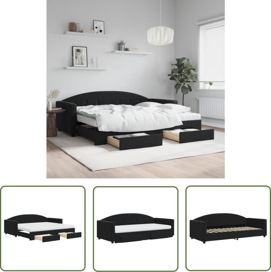 The Living Store Slaapbank met Onderschuifbed en Lades 222x192.5x75 cm Fluweel Zwart Slaapbank Sofa Bed Tweepersoons Bed Boxspring Zwarte Slaapbank