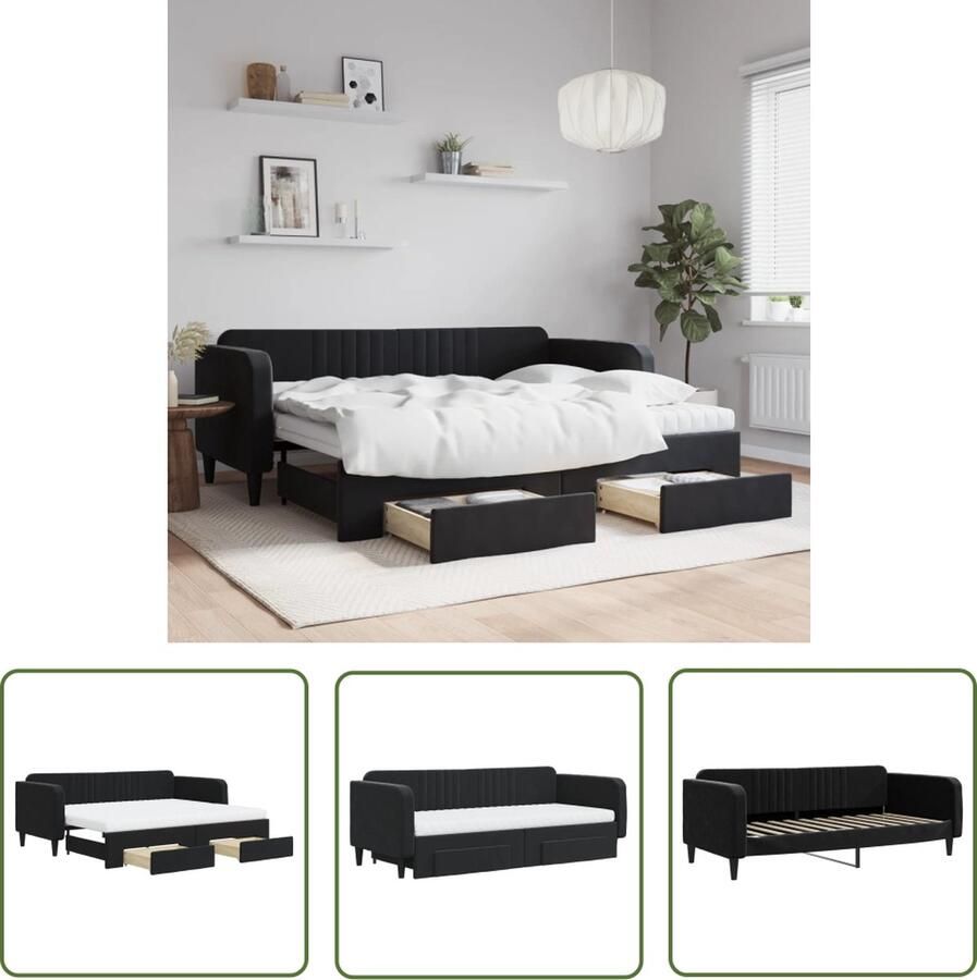 The Living Store Slaapbank met onderschuifbed Veelzijdig en ruimtebesparend Zwarte fluwelen bekleding 223x100x75cm Inclusief 2 lades en 2 schuimmatrassen Slaapbank Sofa Bed Tweepersoonsbed Zwarte Meubels Fluweel Meubilair