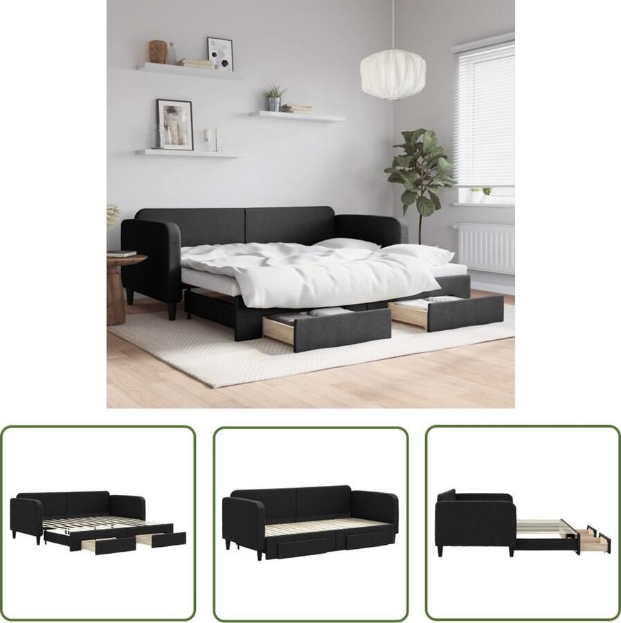The Living Store Slaapbank met onderschuifbed en lades 90x200 cm stof zwart Slaapbank Sofa Bed Tweepersoons Bed Onderschuifbed Boxspring