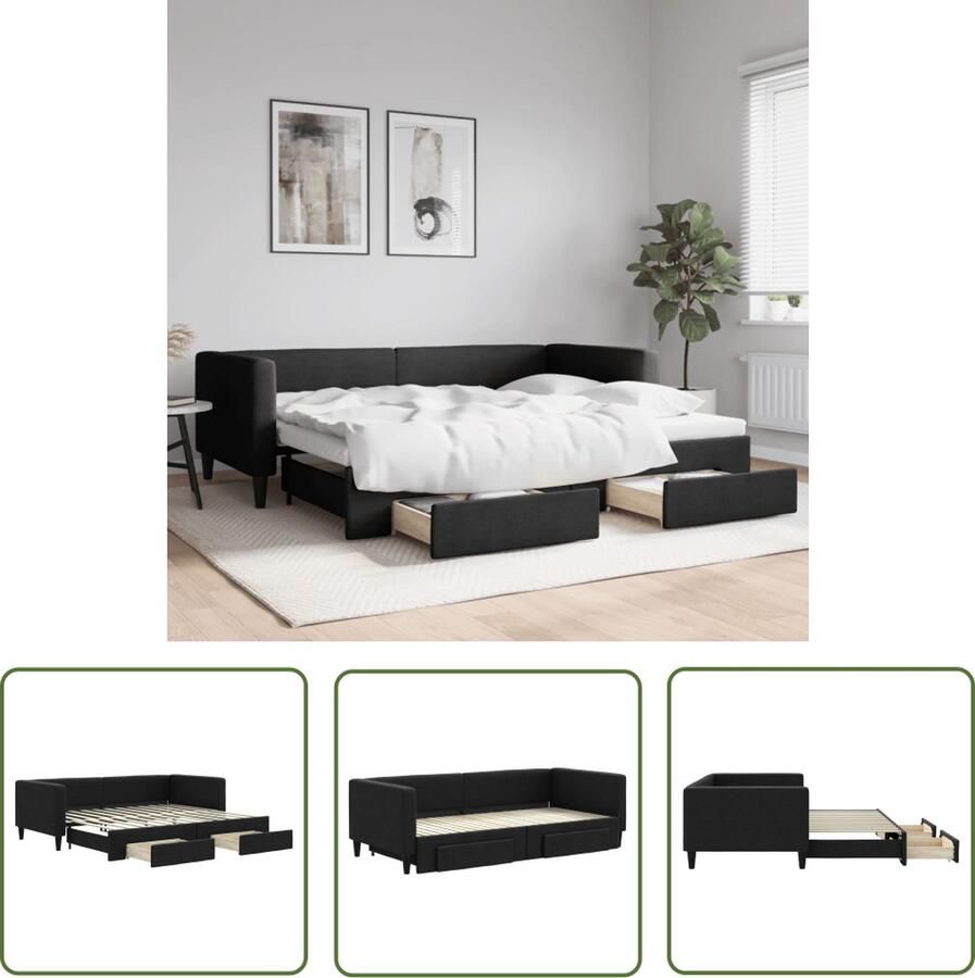 VidaXL Slaapbank met onderschuifbed en lades 90x200 cm stof zwart Slaapbank Sofa Bed Tweepersoonsbed Onderbed Boxspring