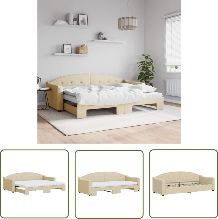 The Living Store Slaapbank met onderschuifbed Crème 223 x 172.5 x 75 cm Inclusief 2 schuimmatrassen Multiplex lattenbodem Duurzame stof Slaapbank Sofa Bed Zweefdeur Boxspring Creme Kleurtje