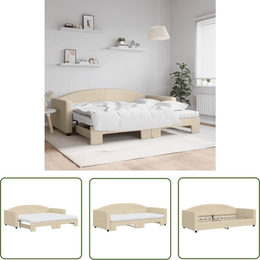 The Living Store Slaapbank met onderschuifbed en matrassen 90x200 cm stof crème Slaapbank Sofa Bed Tweepersoonsbed Onder Schuifbed Crème Kleurig