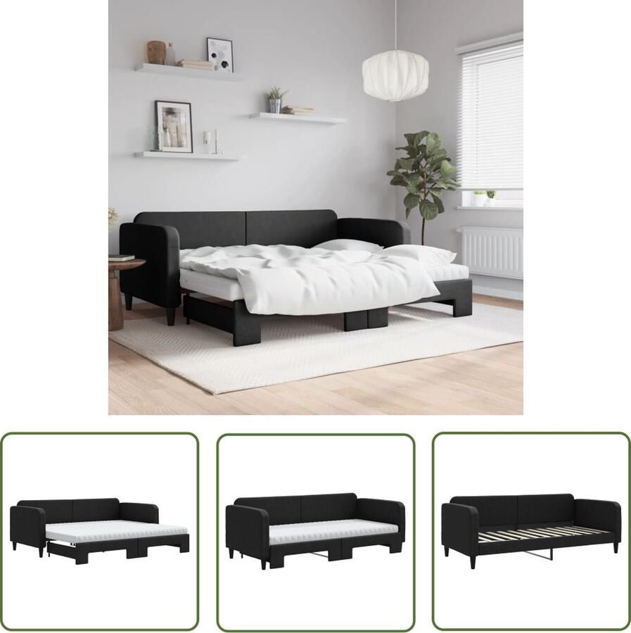 The Living Store Slaapbank met onderschuifbed en matrassen 90x200 cm stof zwart Slaapbank Sofa Bed Tweepersoons Bed Boxspring Onderbed