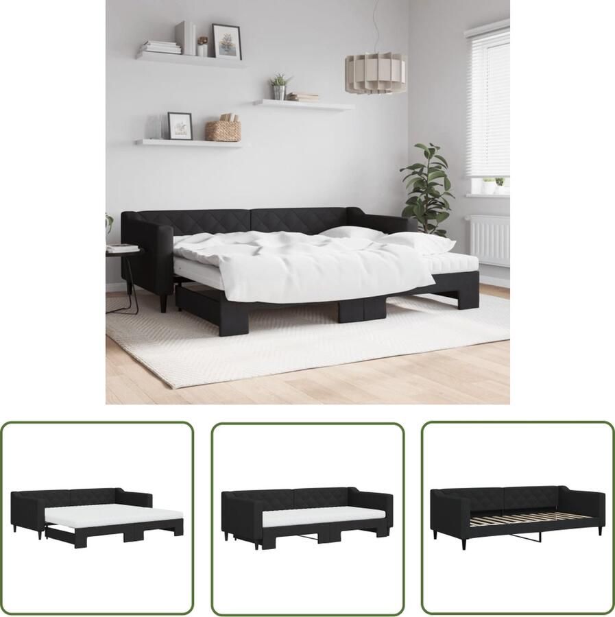 The Living Store Slaapbank Versatile Zwarte stoffen 2-in-1 slaapbank 223x100x67 cm Schuimmatras Duurzame constructie Slaapbank Sofa Bed Tweepersoons Bed Zwarte Slaapbank Met Onderschuifbed