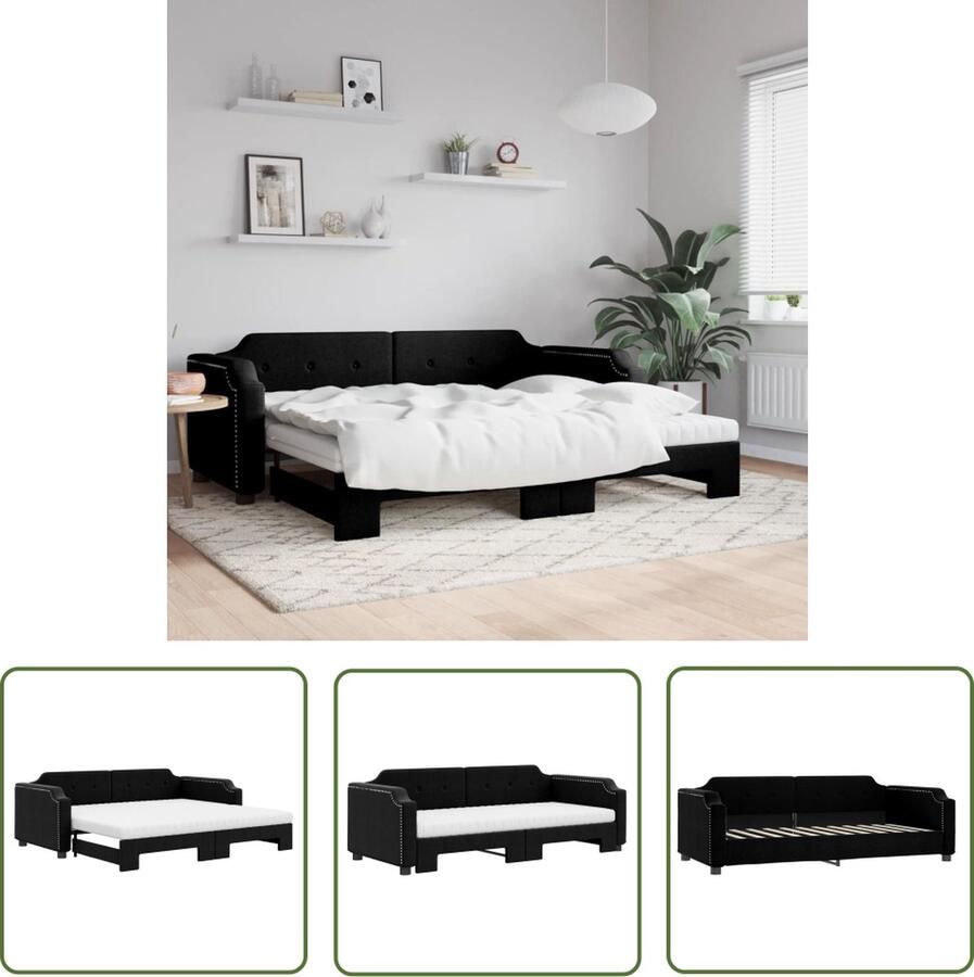 The Living Store Slaapbank met onderschuifbed 223 x 100 x 66.5 cm Comfortabel schuimmatras Zwart Slaapbank Sofa Bed Tweepersoonsbed Boxspring Zitzak