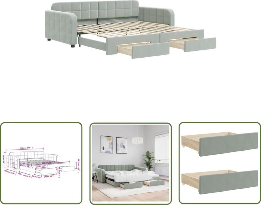 The Living Store Slaapbank onderschuifbed en lades 100x200 cm fluweel lichtgrijs Slaapbank Sofa Bed Tweepersoonsbed Fluweelsofa Grijs Meubilair