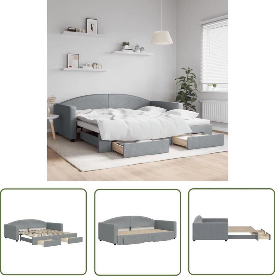 The Living Store Slaapbank met onderschuifbed 223x110x75cm Lichtgrijs Stof Metaal en hout Opbergruimte Geen matrassen 2-in-1 Slaapbank Sofa Bed Opbergruimte Boxspring Tweepersoonsbed