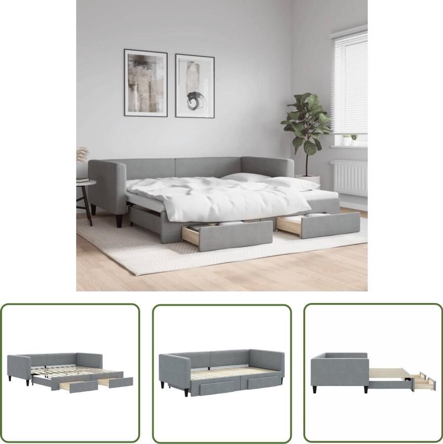 The Living Store Slaapbank onderschuifbed en lades 100x200 cm stof lichtgrijs Slaapbank Sofa Bed Tweepersoonsbed Boxspring Meubels