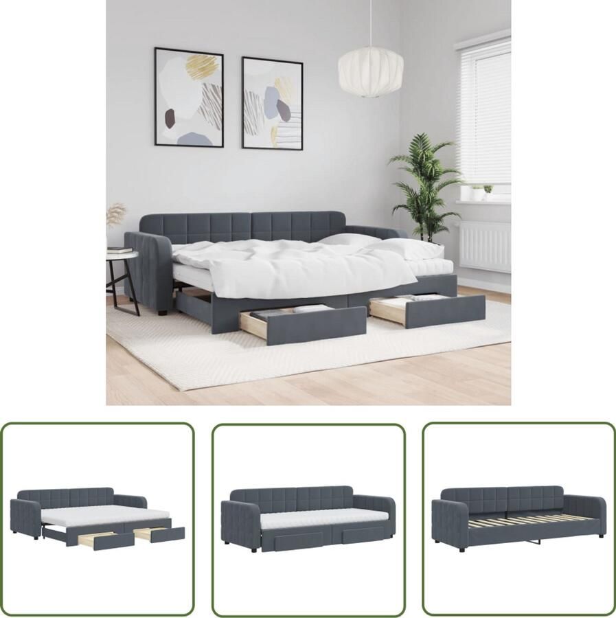 The Living Store Slaapbank onderschuifbed en lades 80x200 cm fluweel donkergrijs Slaapbank Sofa Bed Tweepersoonsbed Donkere Meubels Loungemeubel