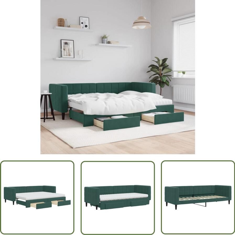 The Living Store Slaapbank onderschuifbed en lades 80x200 cm fluweel donkergroen Slaapbank Sofa Bed Tweepersoons Bed Donkere Meubels Fluweel Meubilair
