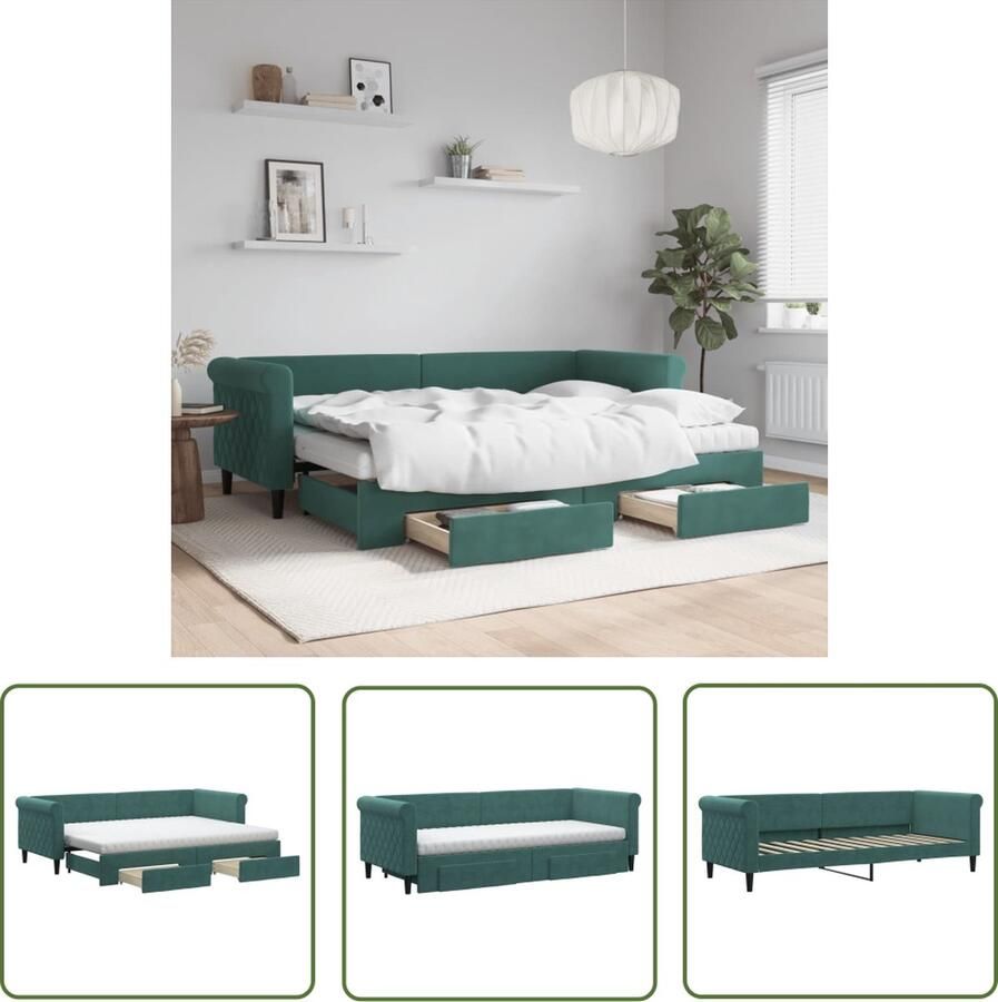 The Living Store Slaapbank Onderschuifbed Donkergroen 229x90x68 cm Fluweel Metaal Massief hout Slaapbank Sofa Bed Tweepersoons Bed Donkere Meubels Donkergroene Meubels