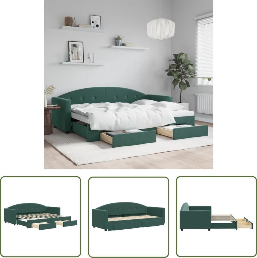 The Living Store Slaapbank Onderschuifbed Donkergroen Fluweel 222 x 172.5 x 75 cm 2 Lades Slaapbank Sofa Bed Tweepersoonsbed Onder Schuifbed Opbergruimte