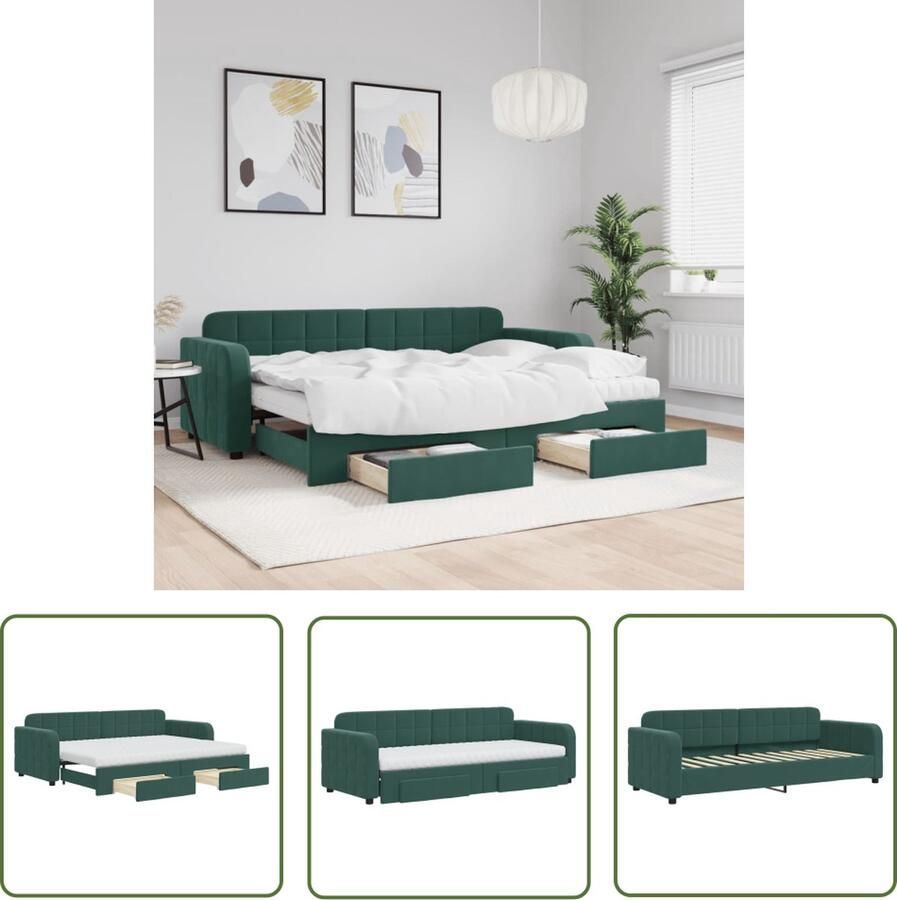 The Living Store Slaapbank Onderschuifbed Donkergroen Fluweel 223 x 91 x 71 cm Massief hout en metaal Inclusief 2 lades en 2 matrassen Slaapbank Sofa Bed Tweepersoonsbed Donkere Kleuren Fluweel Meubilair