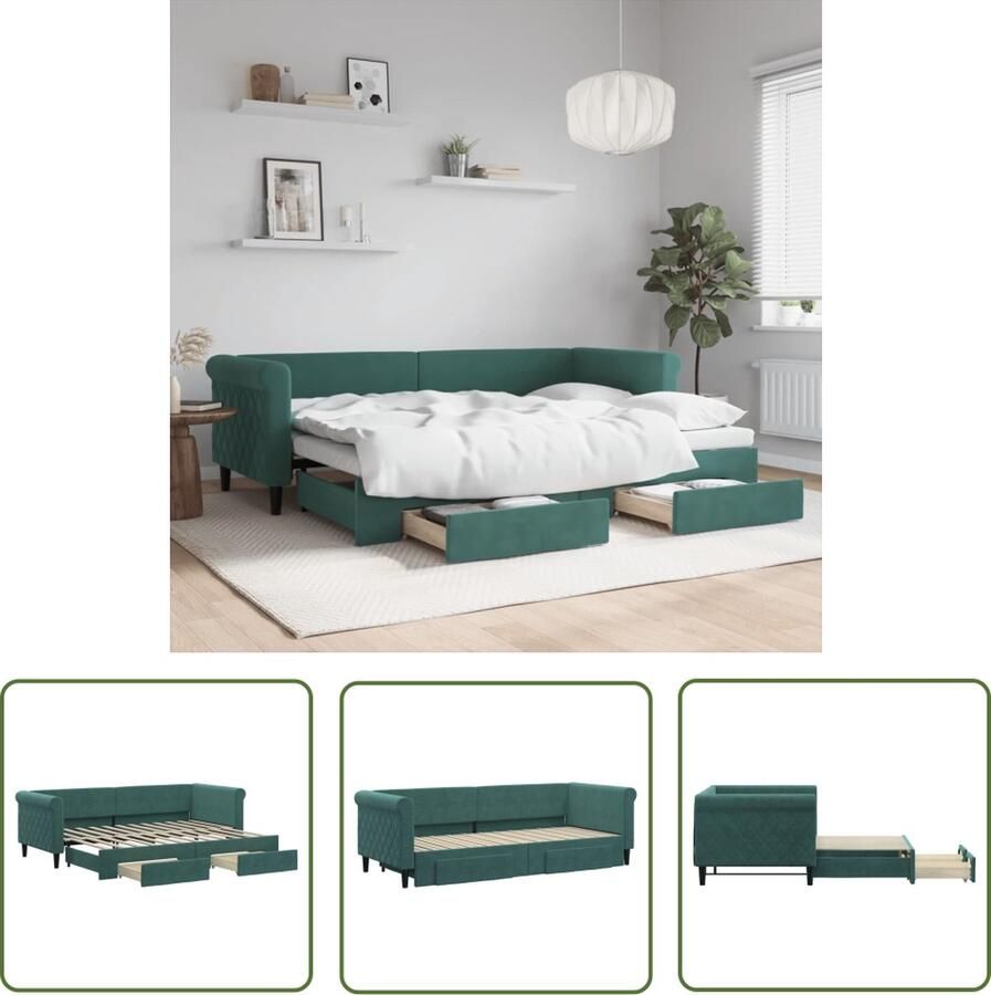 The Living Store Slaapbank onderschuifbed en lades 80x200 cm fluweel donkergroen Slaapbank Sofa Bed Tweepersoonsbed Onderkast Boxspring