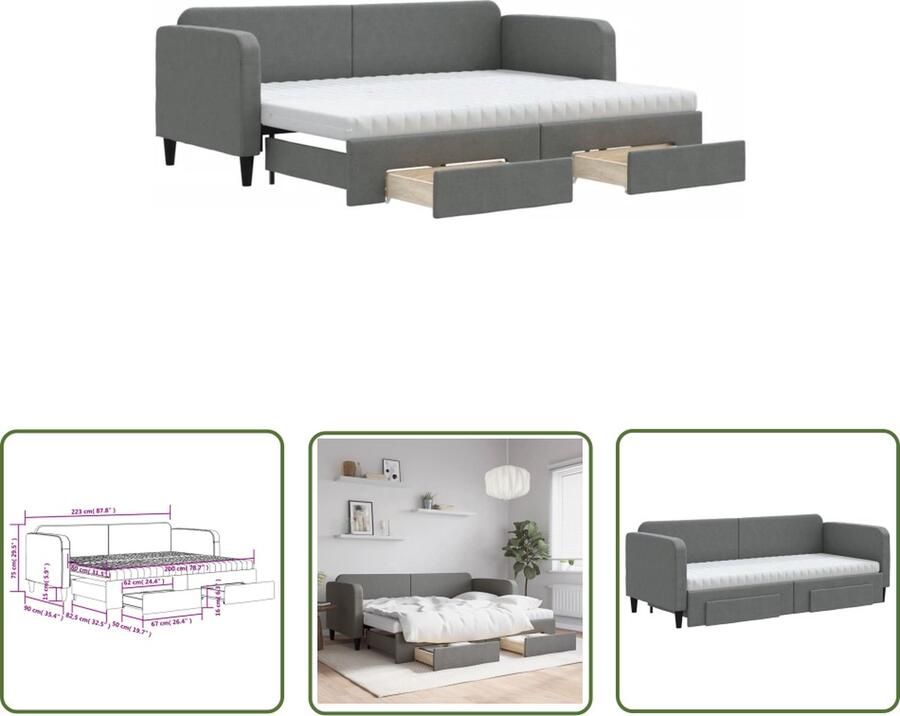 The Living Store Slaapbank onderschuifbed en lades 80x200 cm stof donkergrijs Slaapbank Sofa Bed Tweepersoonsbed Donkere Meubels Multifunctionele Meubels