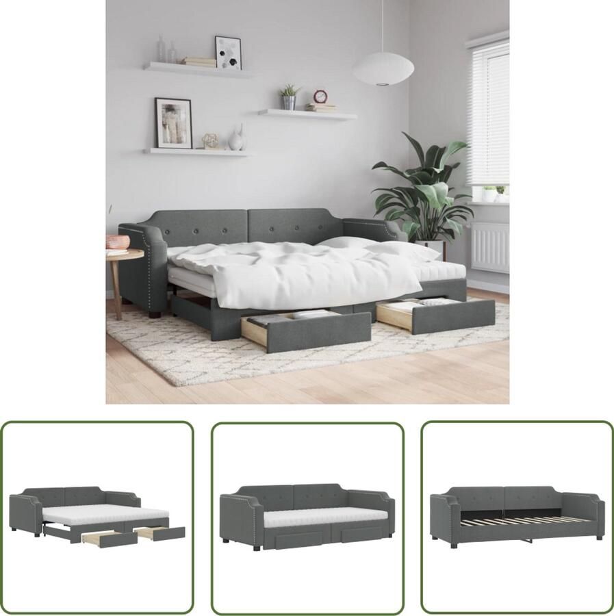 The Living Store Slaapbank onderschuifbed en lades 90x190 cm stof donkergrijs Slaapbank Sofa Bed Tweepersoons Bed Donkere Meubels Multifunctioneel Meubel