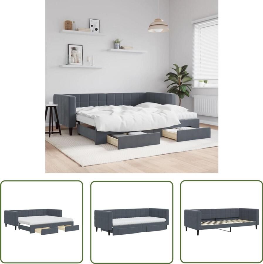 VidaXL Slaapbank onderschuifbed en lades 90x200 cm fluweel donkergrijs Slaapbank Sofa Bed Boxspring Loungebank Multifunctionele Bank