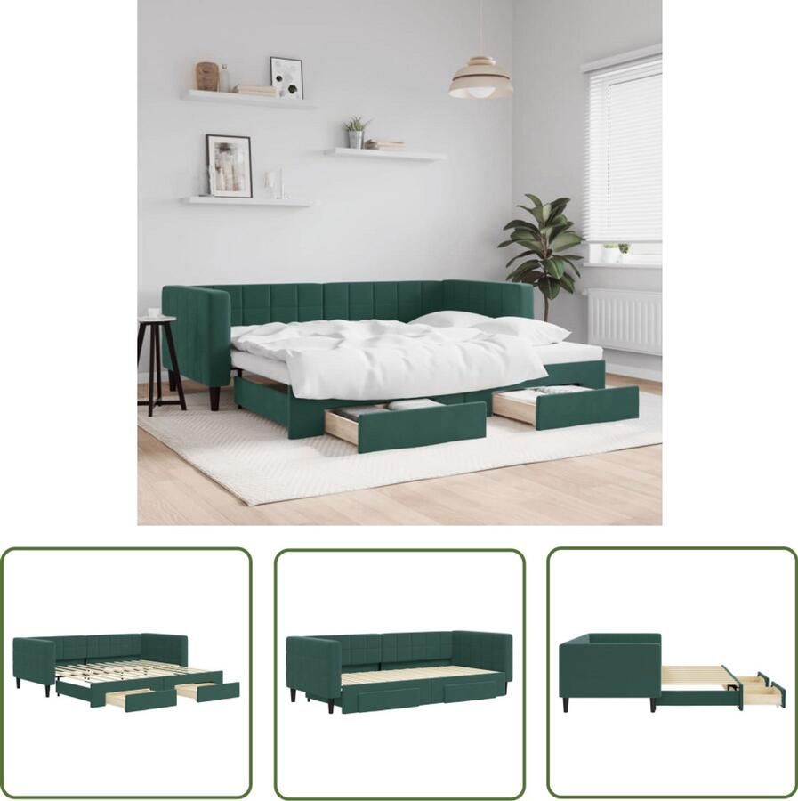 The Living Store Slaapbank onderschuifbed en lades 90x200 cm fluweel donkergroen Slaapbank Sofa Bed Tweepersoons Bed Donkere Meubels Opbergmeubel
