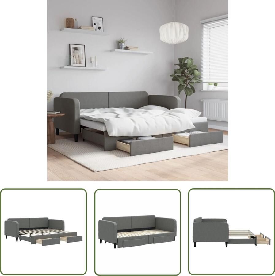 The Living Store Slaapbank Met Onderschuifbed Donkergrijs 223 x 100 x 75 cm 2 lades Duurzame stof en solide constructie Geschikt voor matras 90 x 200 cm Montage vereist