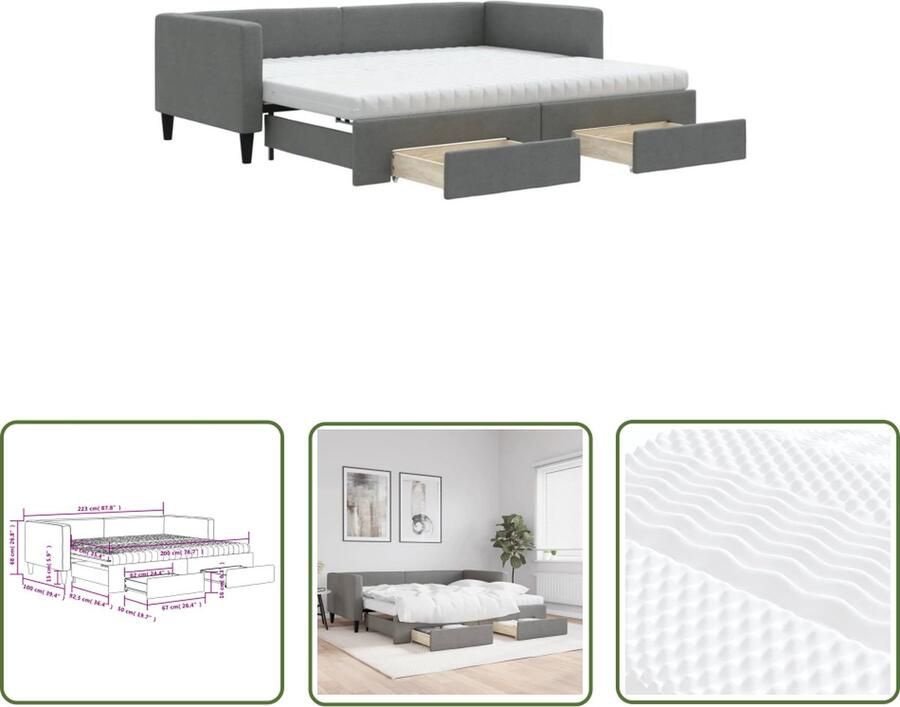 The Living Store Slaapbank met onderschuifbed Donkergrijs 223x192.5x68cm 2-in-1 2 schuimmatrassen 2 bedladen Slaapbank Sofa Bed Tweepersoonsbed Donkere Grijze Meubels Opbergmeubel