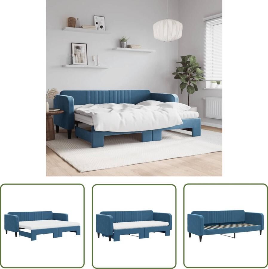 The Living Store Slaapbank onderschuifbed en matrassen 80x200 cm fluweel blauw Slaapbank Sofa Bed Tweepersoonsbed Lounge Meubels Huiskamermeubilair