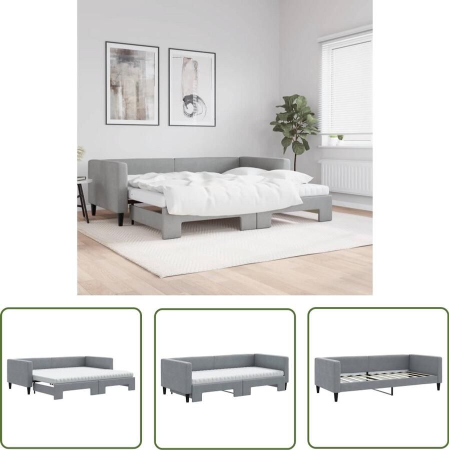 The Living Store Slaapbank onderschuifbed en matrassen 90x190 cm stof lichtgrijs Slaapbank Sofa Bed Tweepersoonsbed Onder Schuifbed Zitmeubel