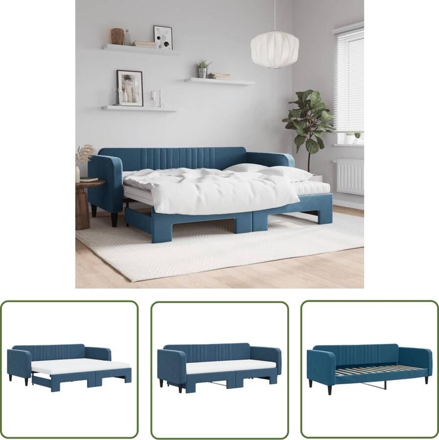 The Living Store Slaapbank 2-in-1 Blauw Fluweel 223x100x75cm Schuifbed Comfortabel schuimmatras Slaapbank Sofa Bed Tweepersoons Bed Blauwe Slaapbank Fluweelslaapbank