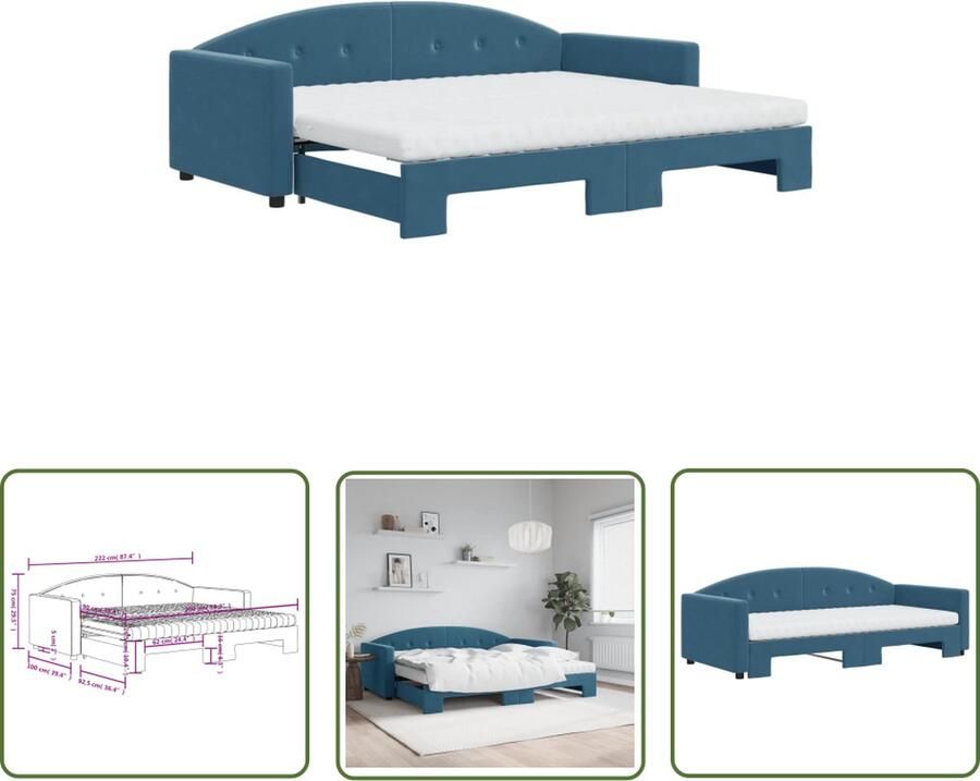 The Living Store Slaapbank 2-in-1 met onderschuifbed 222 x 192.5 x 75 cm Blauw fluweel Slaapbank Sofa Bed Tweepersoonsbed Fluweelsofa Blauwsofa
