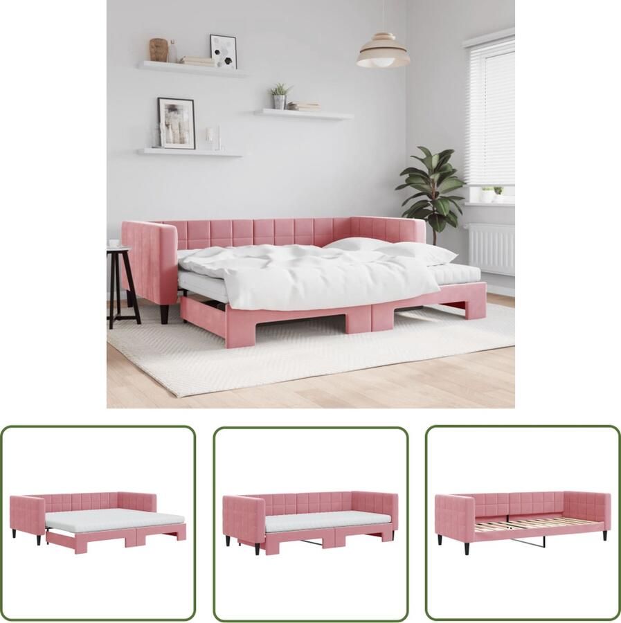 The Living Store Slaapbank met onderschuifbed Fluweel 223 x 192.5 x 68 cm Roze Slaapbank Sofa Bed Fluweelsofa Rozesofa 2 Persoons Bed