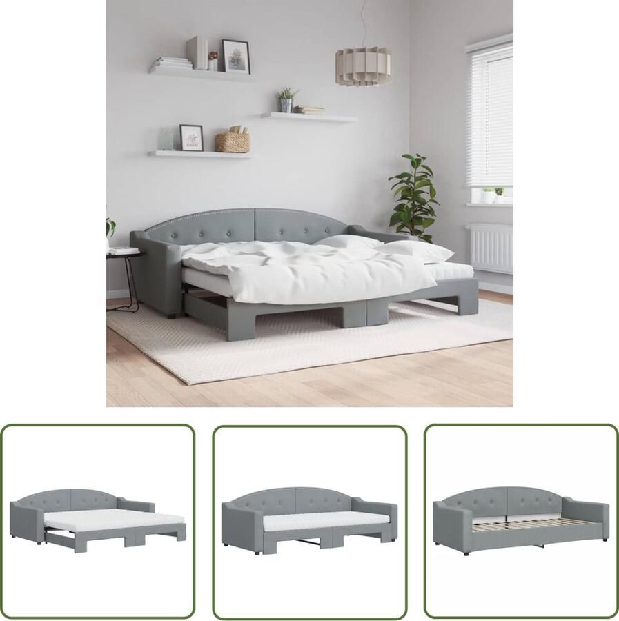 The Living Store Slaapbank onderschuifbed en matrassen 90x200 cm stof lichtgrijs Slaapbank Sofa Bed Tweepersoons Bed Boxspring Meubels