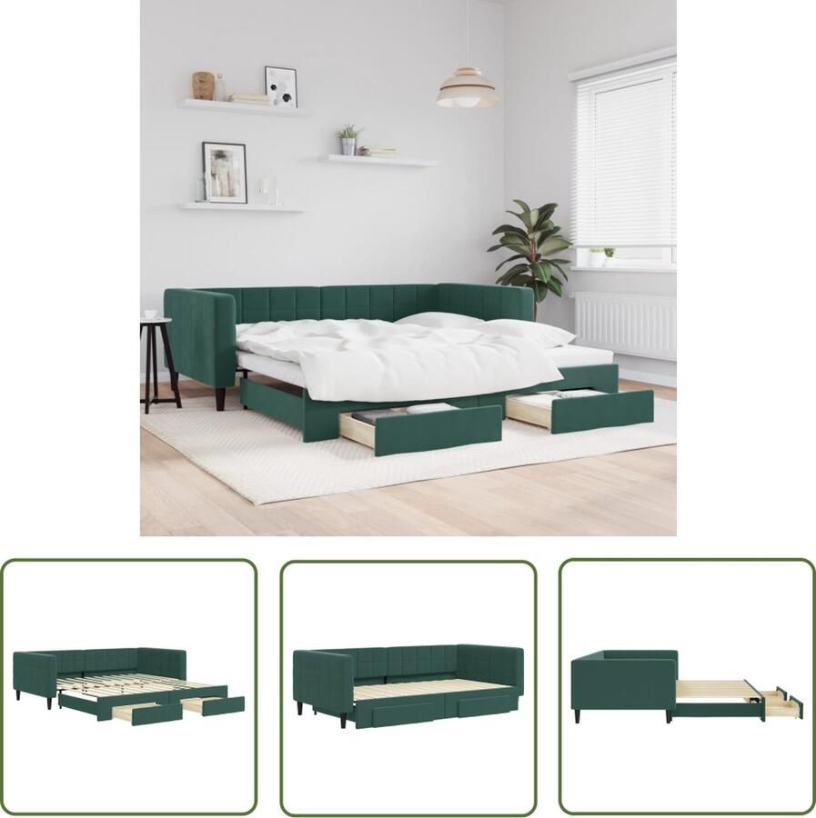 VidaXL Slaapbank onderschuifbed lades 100x200 cm fluweel donkergroen Slaapbank Sofa Bed Tweepersoonsbed Donkere Kleuren Fluweelsofa