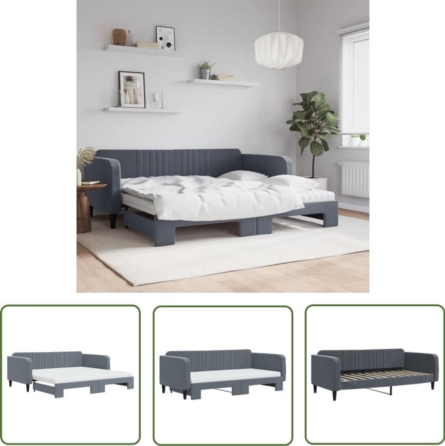 VidaXL Slaapbank onderschuifbed matrassen 100x200cm fluweeldonkergrijs Slaapbank Sofa Bed Onderschuifbed Fluweel Donkere Grijze Bank
