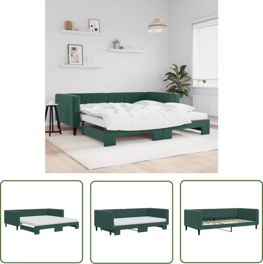 VidaXL Slaapbank onderschuifbed matrassen 100x200cm fluweeldonkergroen Slaapbank Sofa Bed Tweepersoonsbed Donkere Kleuren Velvet Meubels