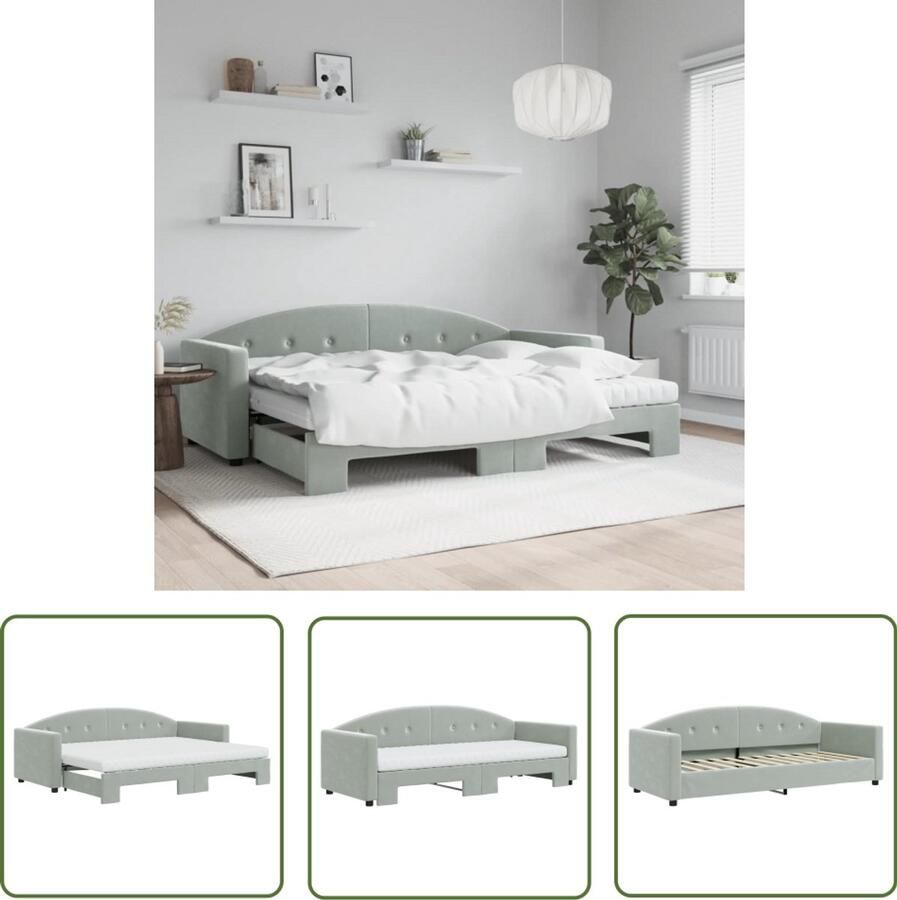 The Living Store Slaapbank onderschuifbed matrassen 80x200 cm fluweel lichtgrijs Slaapbank Sofa Bed Tweepersoons Bank Fluweel Bank Grijs Bank